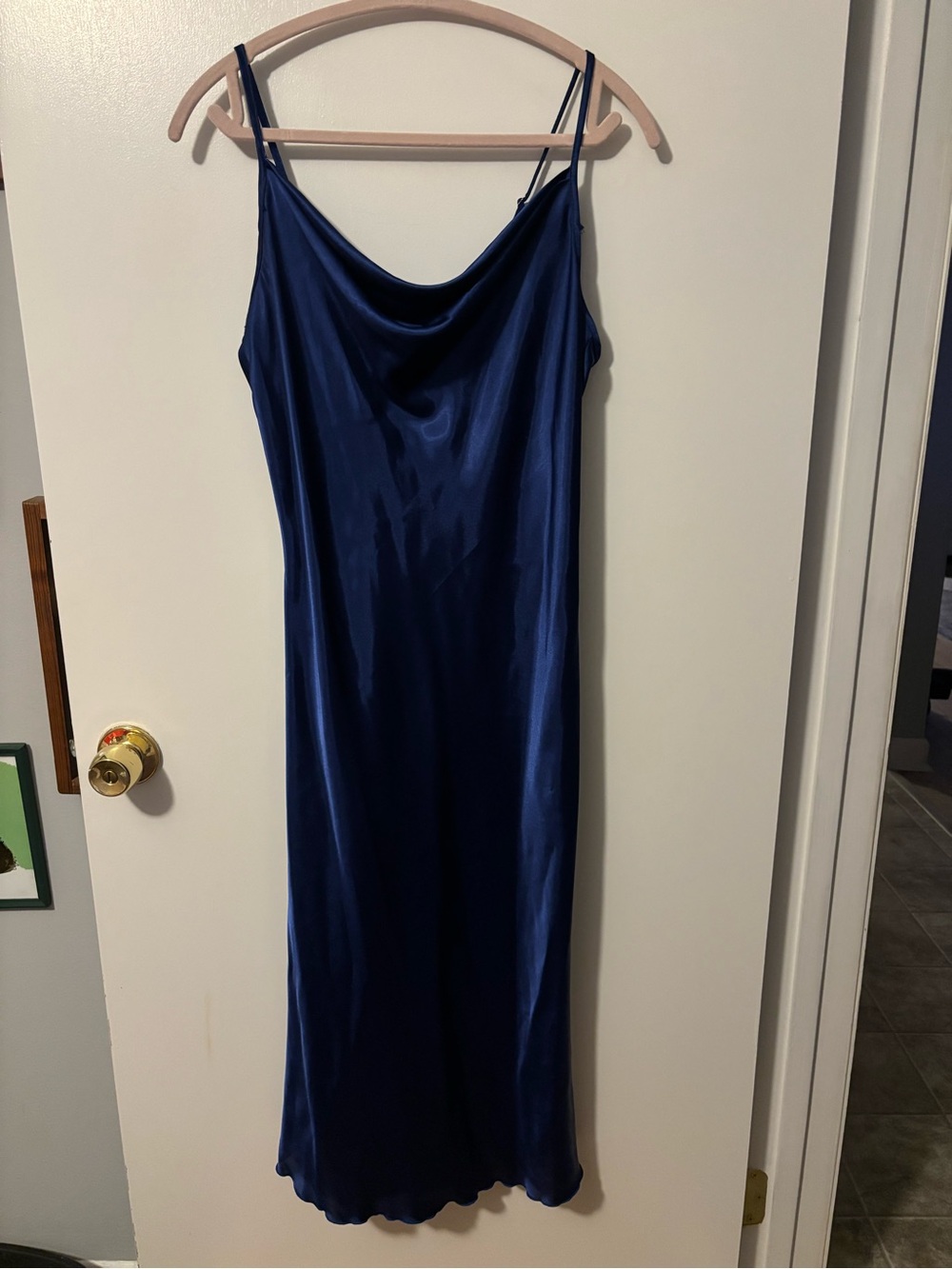 Quiet Luxury Feminine Glam bebe Navy Blue Satin Slip Maxi Dress Women’s Medium